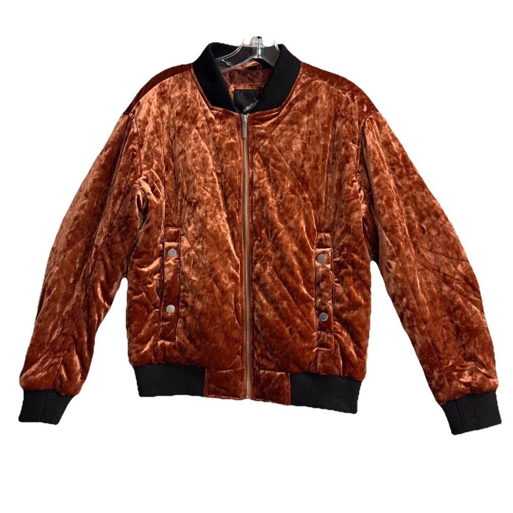 Women's Size S Bomber Velvet Jacket~Two-Toned Crushed Striped Trim~Trendy Brown